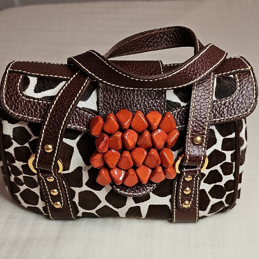Ramon Tenza Handbag Brown and White Giraffe Animal Print Mohair